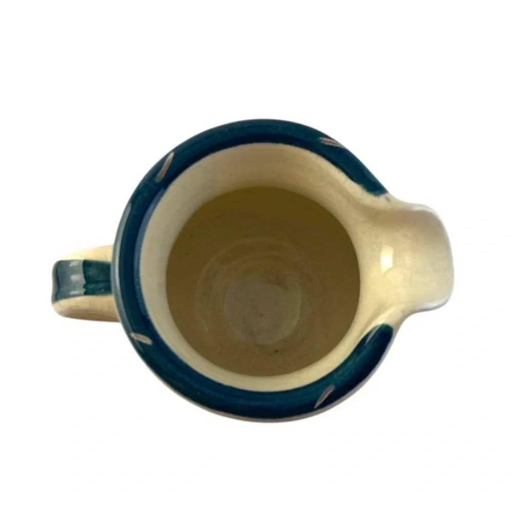 Vintage Danish Tulip Small Ceramic Pitcher Handpainted Signed Paul Blue Rim